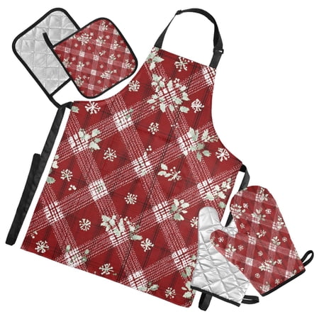 Red Diagonal Christmas Leaves Snow Apron Set with Oven Mitts Pot Holders Set of 5 Kitchen Stuff Accessories