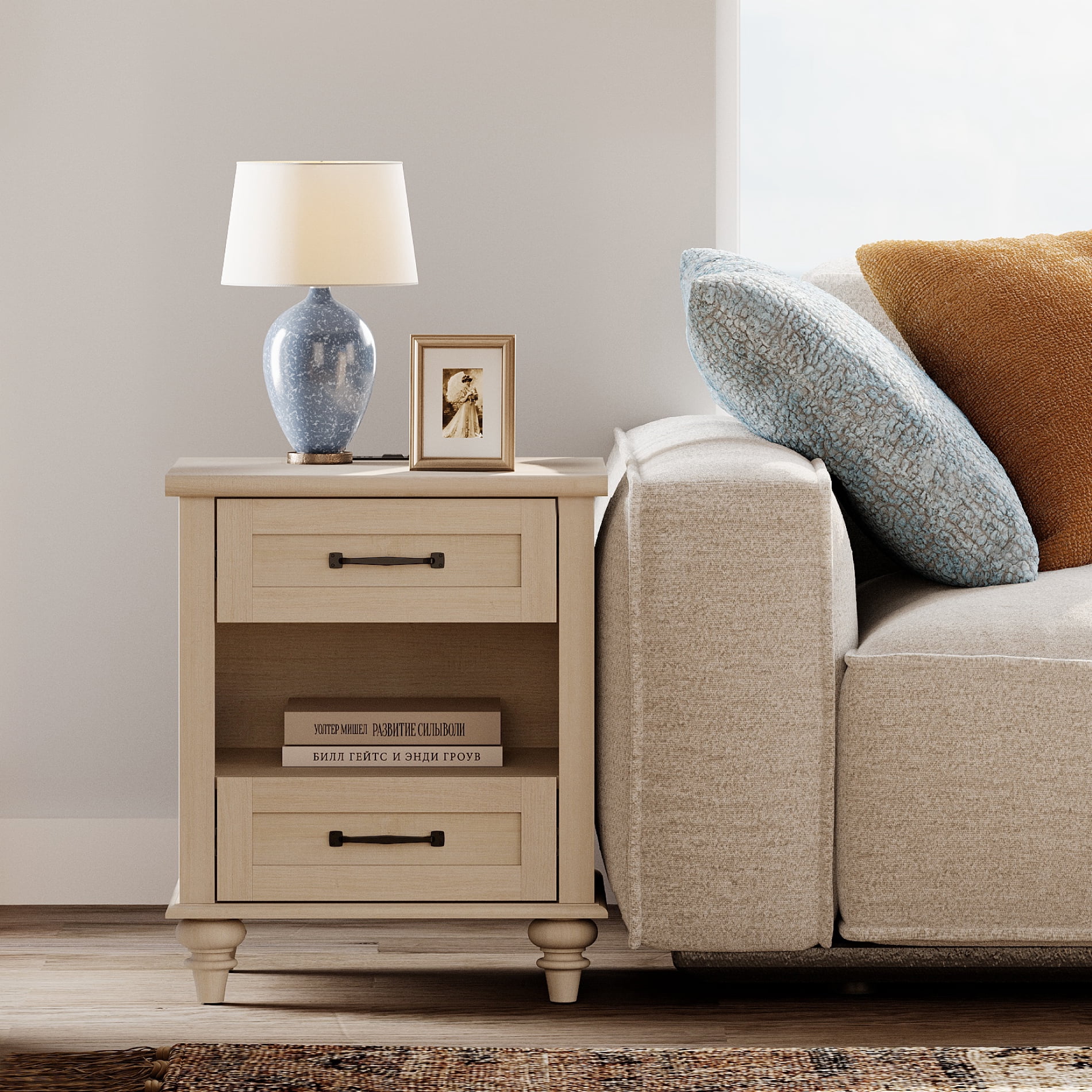 Beige Bedside Table with 2 Drawers, Small End Table with Charging Station, Wooden Nightstand for Bedroom, Living Room