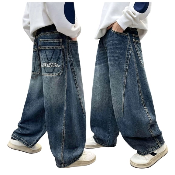 OJSFQUFP Boys' Jeans Spring and Fall Work Pants Loose Long Pants Straight Leg Pants (5-16Y) Kids Pants Relaxed Fit