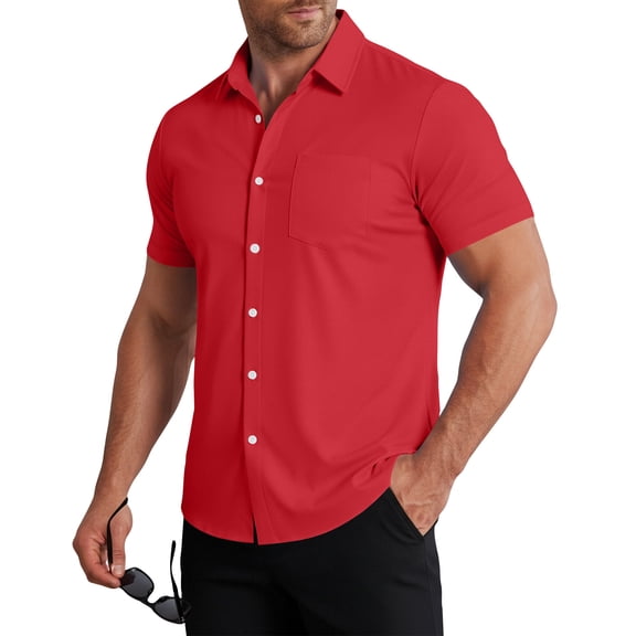 Nestiefly Men's Stretch Quick Dry Dress Shirts Button Short Sleeve Wrinkle Free Casual Work Hiking Shirts 2026 Red L