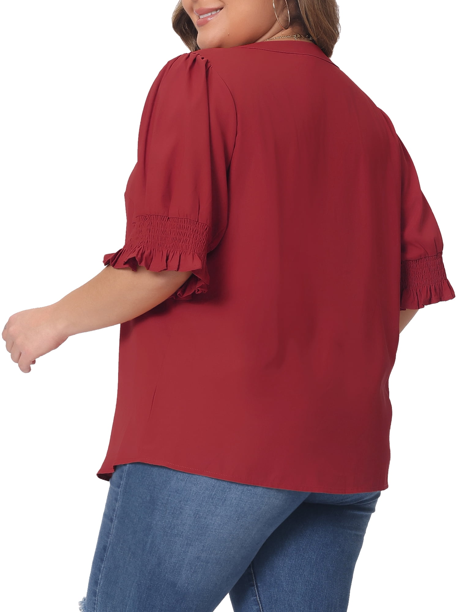 DARING DIVA Women's Plus Top Notched V Neck Puff Blouse Tops 1X Burgundy
