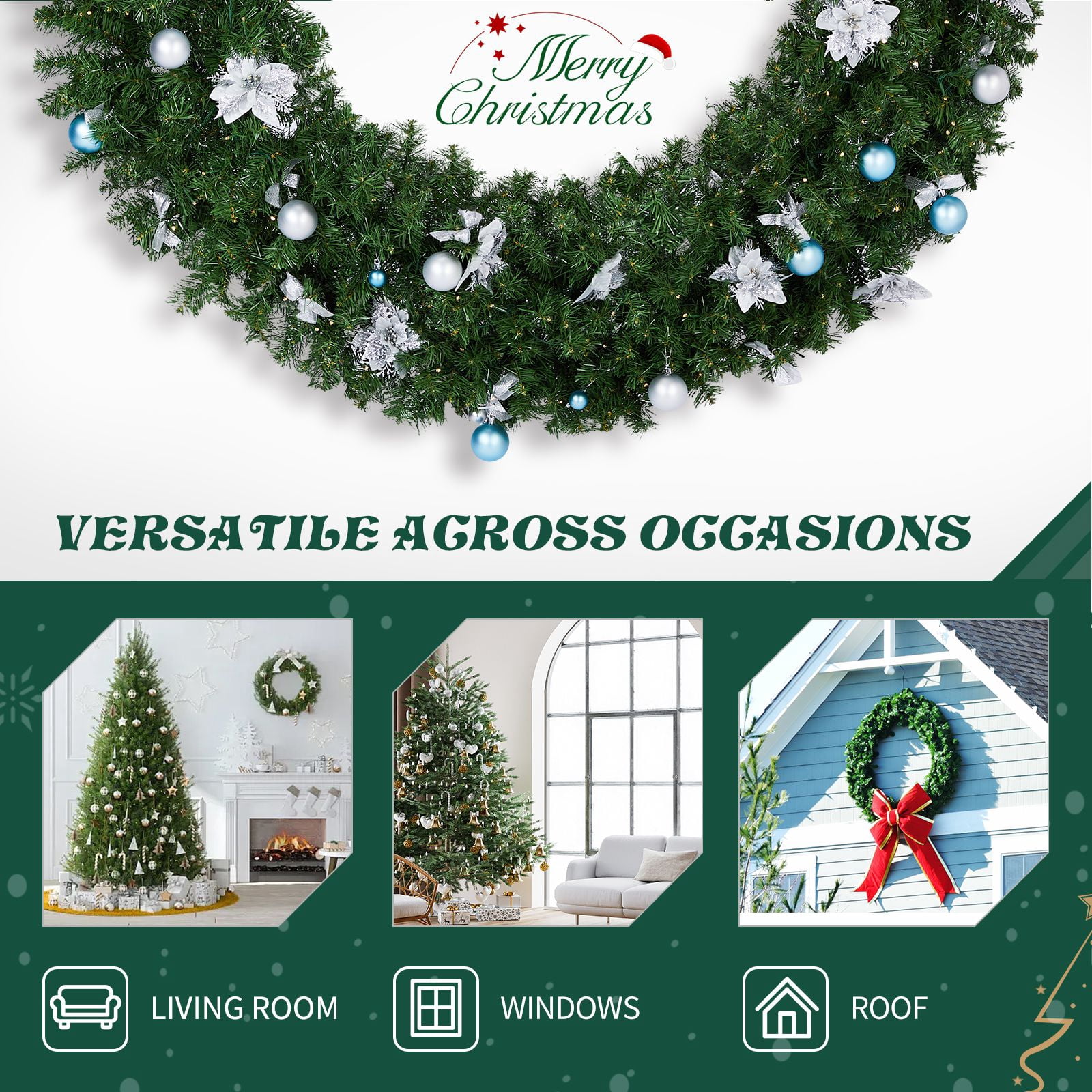 60in Pre-lit Christmas Wreath, Lighted Artificial Xmas Wreath with 220 Cold & Warm White Lights and 600 PVC Tips and DIY Ornaments, for Front Door Gate Wall Xmas Party Decorations, Light Green