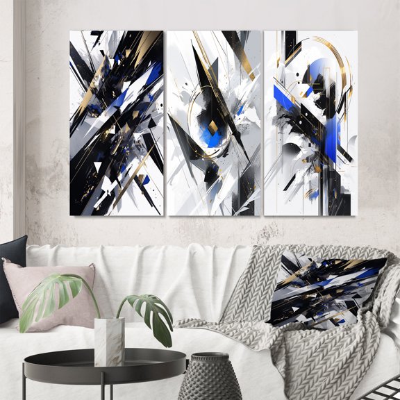 Designart "Cubist Symphony Black White Harmony" Cubism Wall Art Set Of 3 - Black Cubism Canvas Set For Living Room Decor