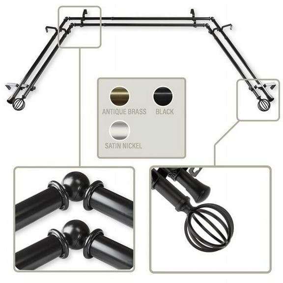 Central Design ABAY-62-2D 0.8125 in. Crate Bay Window Double Curtain Rod with Side Rod Extends Upto 20 to 36 in. & Center Rod Extends Upto 38 to 72 in., Black