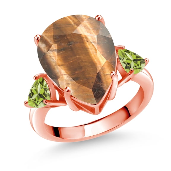 Gem Stone King 7.96 Ct Pear Shape Brown Tiger Eye Green Peridot 18K Rose Gold Plated Silver Ring (Size 7)