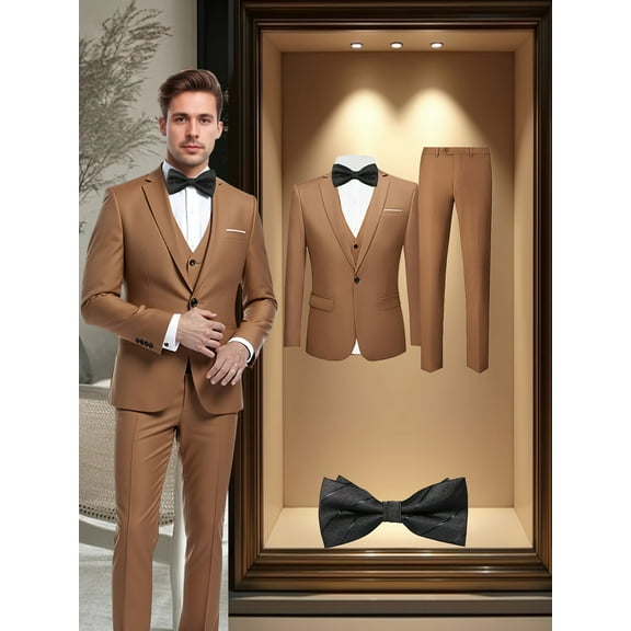 Beauty-Emily Men's 4-Piece Tuxedo Suit with Blazer, Vest, Pants & Necktie – Lapel Collar, One Button, Flap Pocket, Wedding, Business & Formal Wear