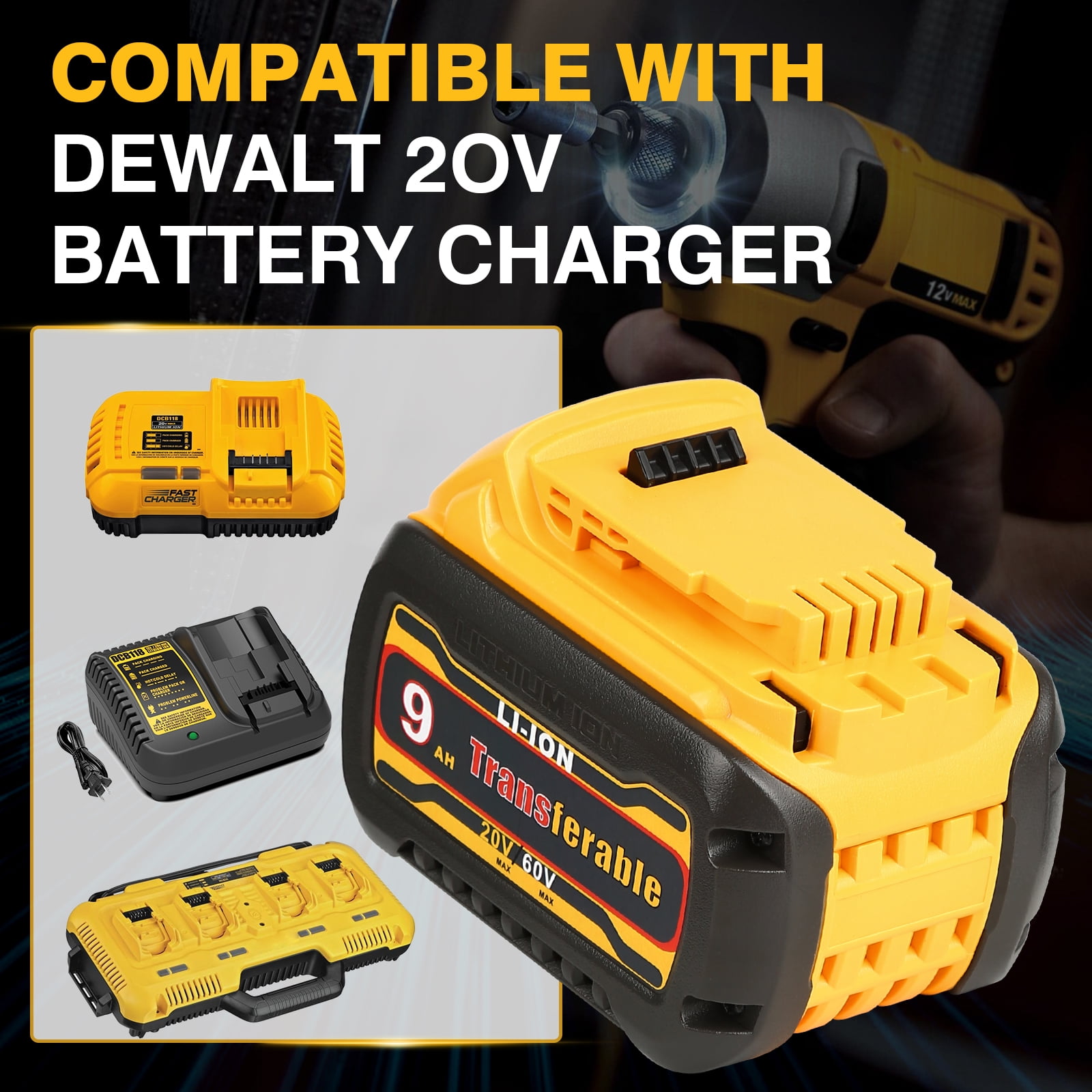 Sunbat 20V/60V 9.0Ah Battery Replacement for de--walt Battery 1 Pack