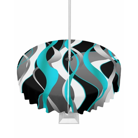 Outdoor Tablecloth with Umbrella Hole for Patio/Picnic/Party/Camping, Aqua Stripe Waterproof Table Cloth Round Cover Washable, Ombre Grey Moire Geometric Modern Abstract Dia 54"