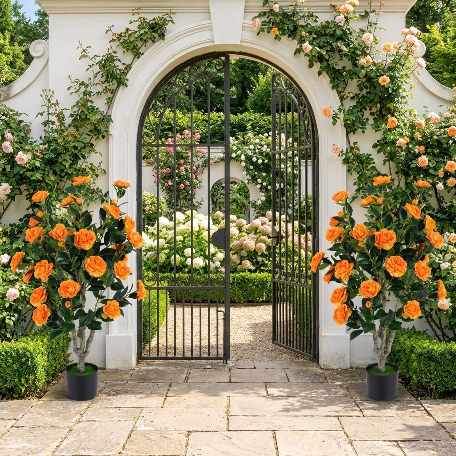 Vebreda Artificial Plant Decor, Set of 2 39.5" Artificial Camellia Tree with Orange Blossoms in Cement Pot for Decoration, Selected Materials