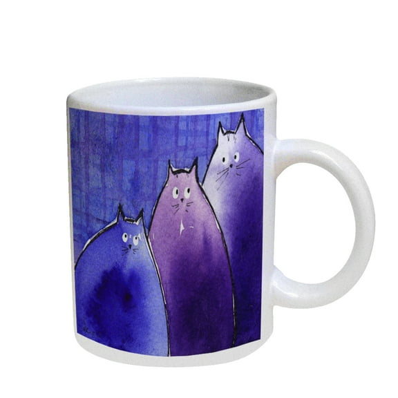KuzmarK Coffee Cup Mug Pearl Iridescent White - Blue and Purple Chunky Kitties Abstract Cat Art by Denise Every