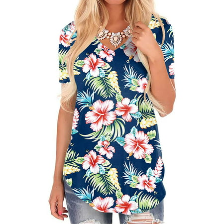 Women's Floral Tops Flowy Short Sleeve Summer Tees V-Neck Tunic Blouses ...