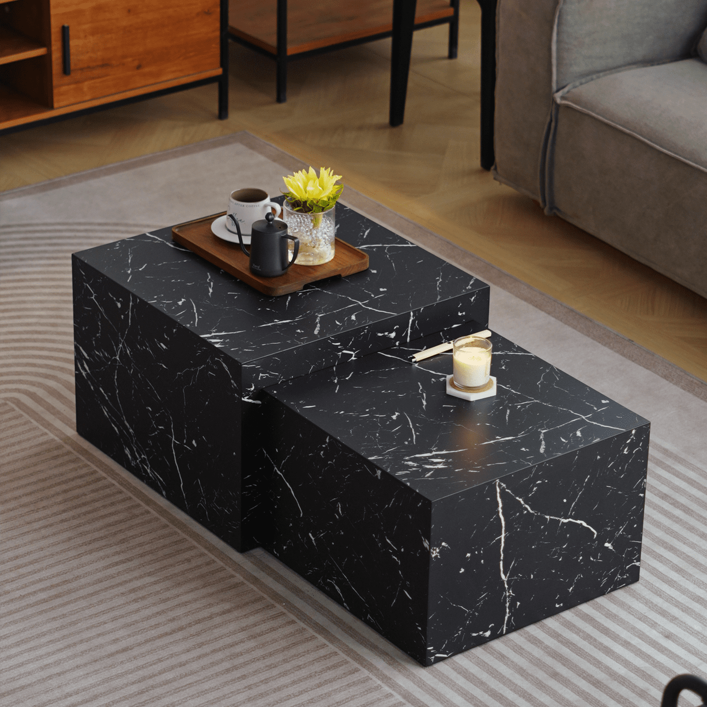Caffoz Square Faux Marble Coffee Table Set of 2, Nesting Design, Pre-Assembled Living Room Accent Tables,Marble Black