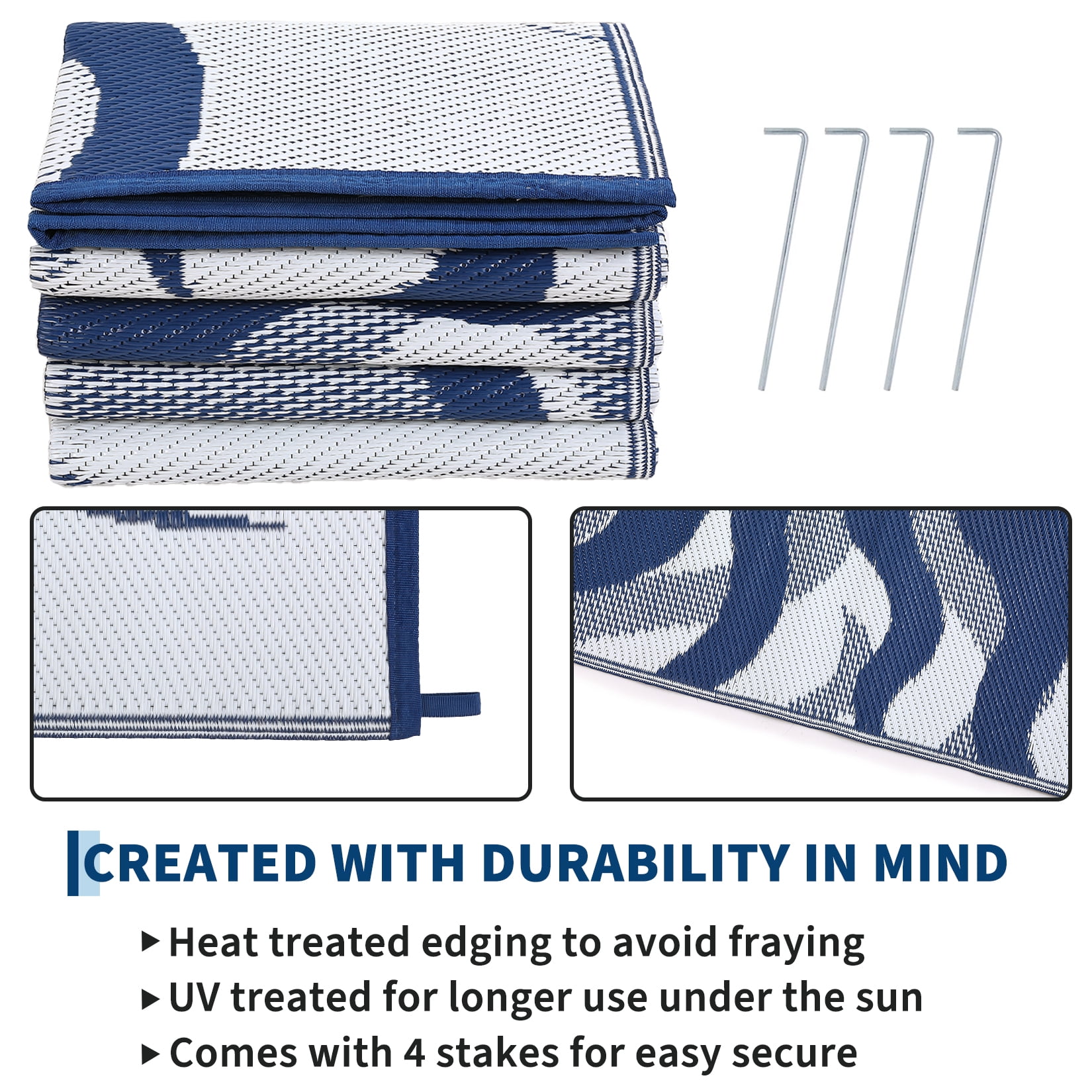 HIWEAVER Navy 9'x 12' Outdoor Rug Garden Decor Abstract Sun Pattern Carpet Plastic Straw Waterproof Reversible Patio Area Rug for Balcony Deck Picnic Portable Camping Mat