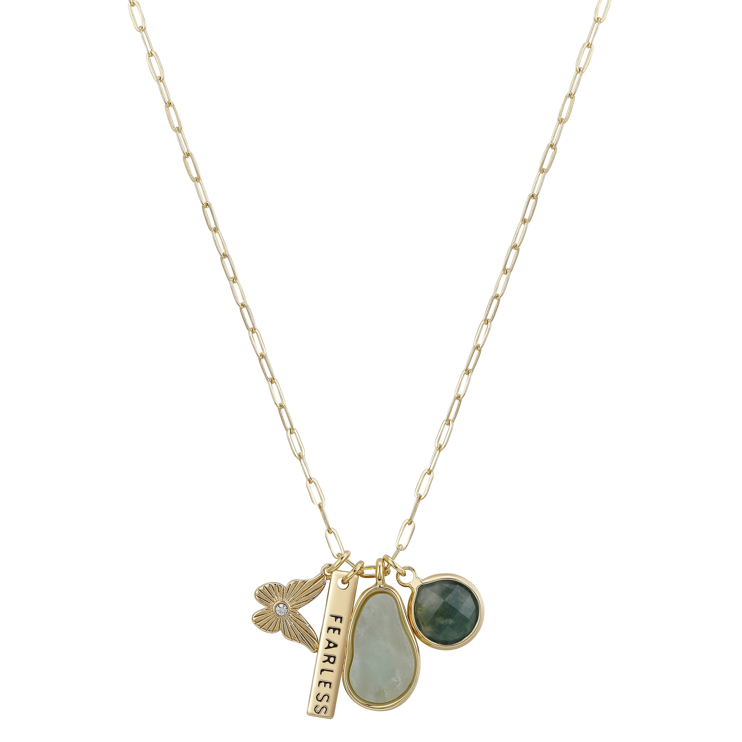 14K Gold Flash-Plated Crystal 'Fearless' Multi Charm Pendant Necklace with Extender