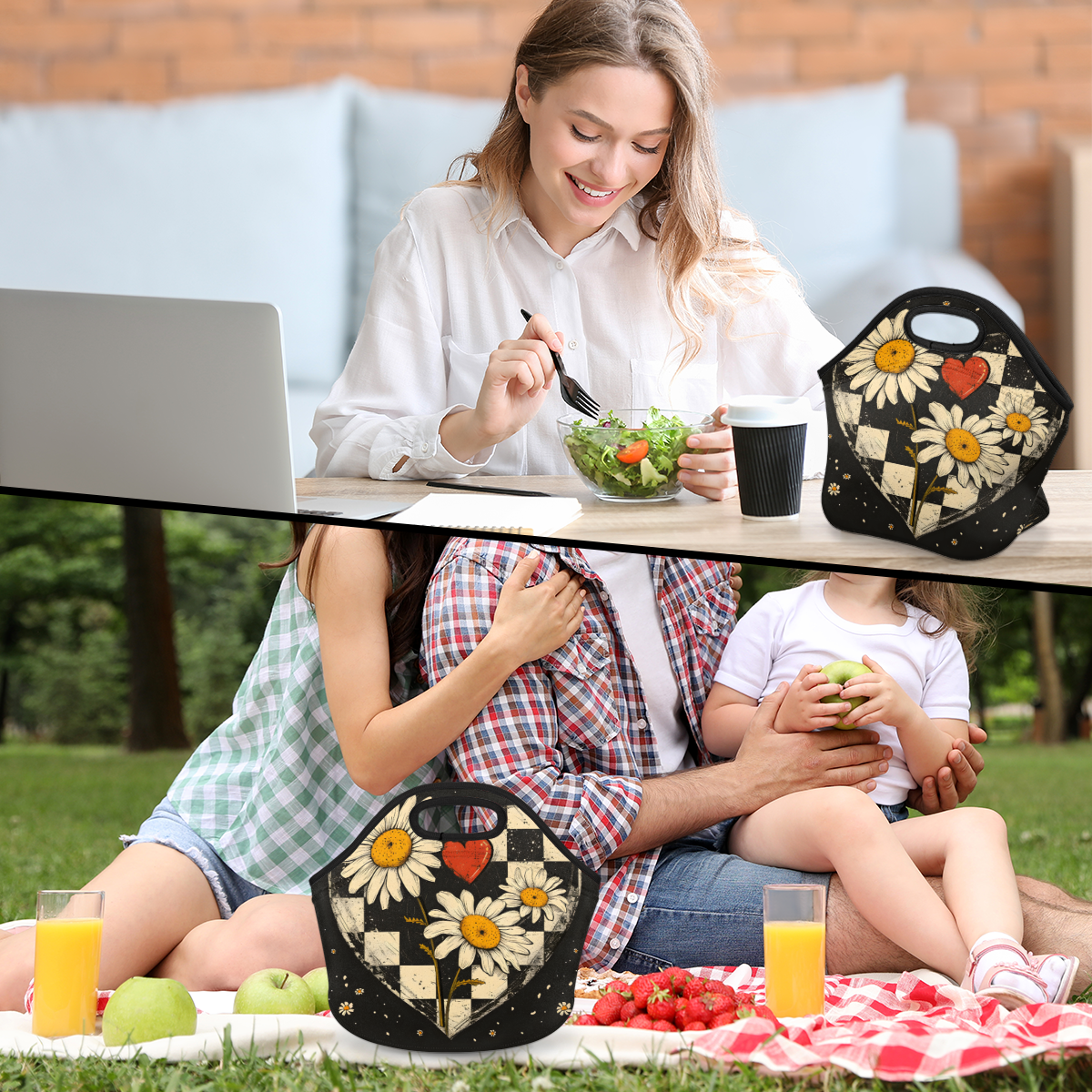 Herdesigns Daisy Floral Neoprene Lunch Bag, Modern Insulated Lunch Box for Women Men Washable Lunch Tote Soft Lunch Container With Zipper for Work Picnic Travel