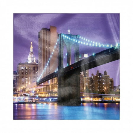NYC Scene Napkins Set of 4, Pattern of Bridge Spans the East River Towards Manhattan Violet Sky, Silky Satin Fabric for Brunch Dinner Buffet Party, by Ambesonne