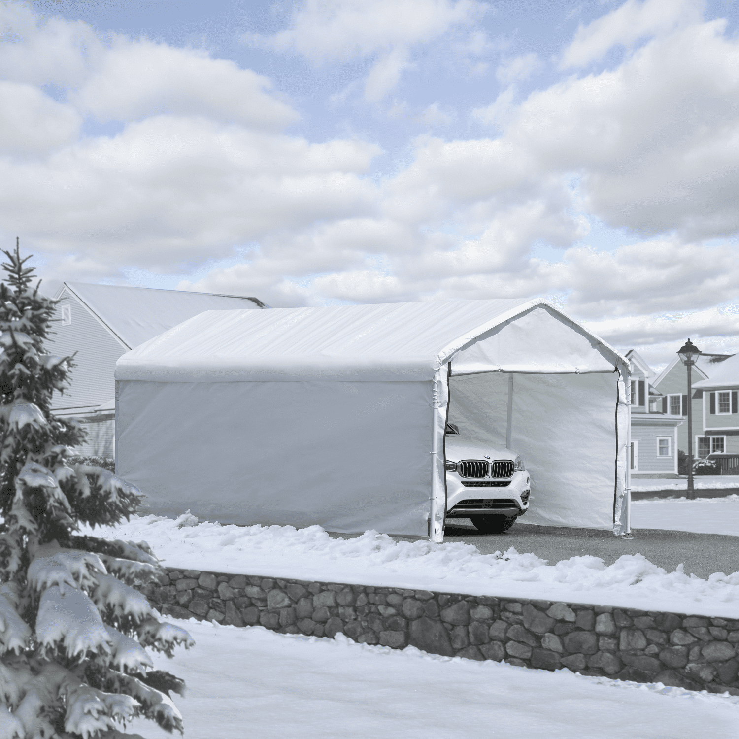 10'x20' Steel Frame Carport, Heavy Duty, White Reflective Canopy, Waterproof UV Rated, Removable Sides