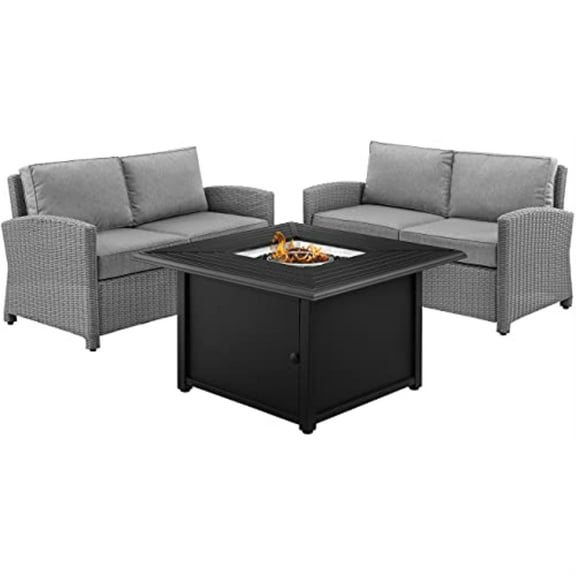 Crosley Furniture Bradenton Gray/Gray 3 Piece Wicker Loveseat Set with Fire Table