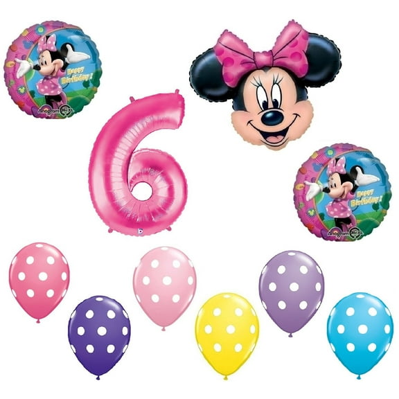 MINNIE MOUSE #6 6th Pink Bow Birthday Party Decoration Mylar & Latex Balloon Set