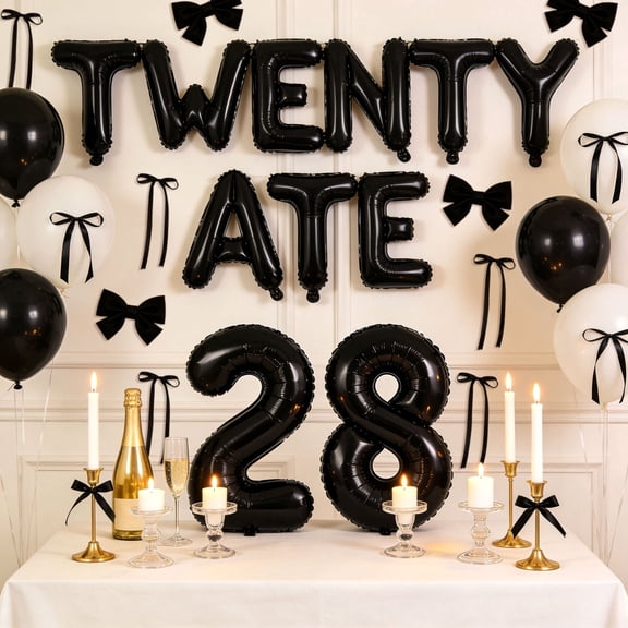 28th Birthday Party Decorations Kit - Twenty Ate Theme Black White Balloons & Bow Decorations