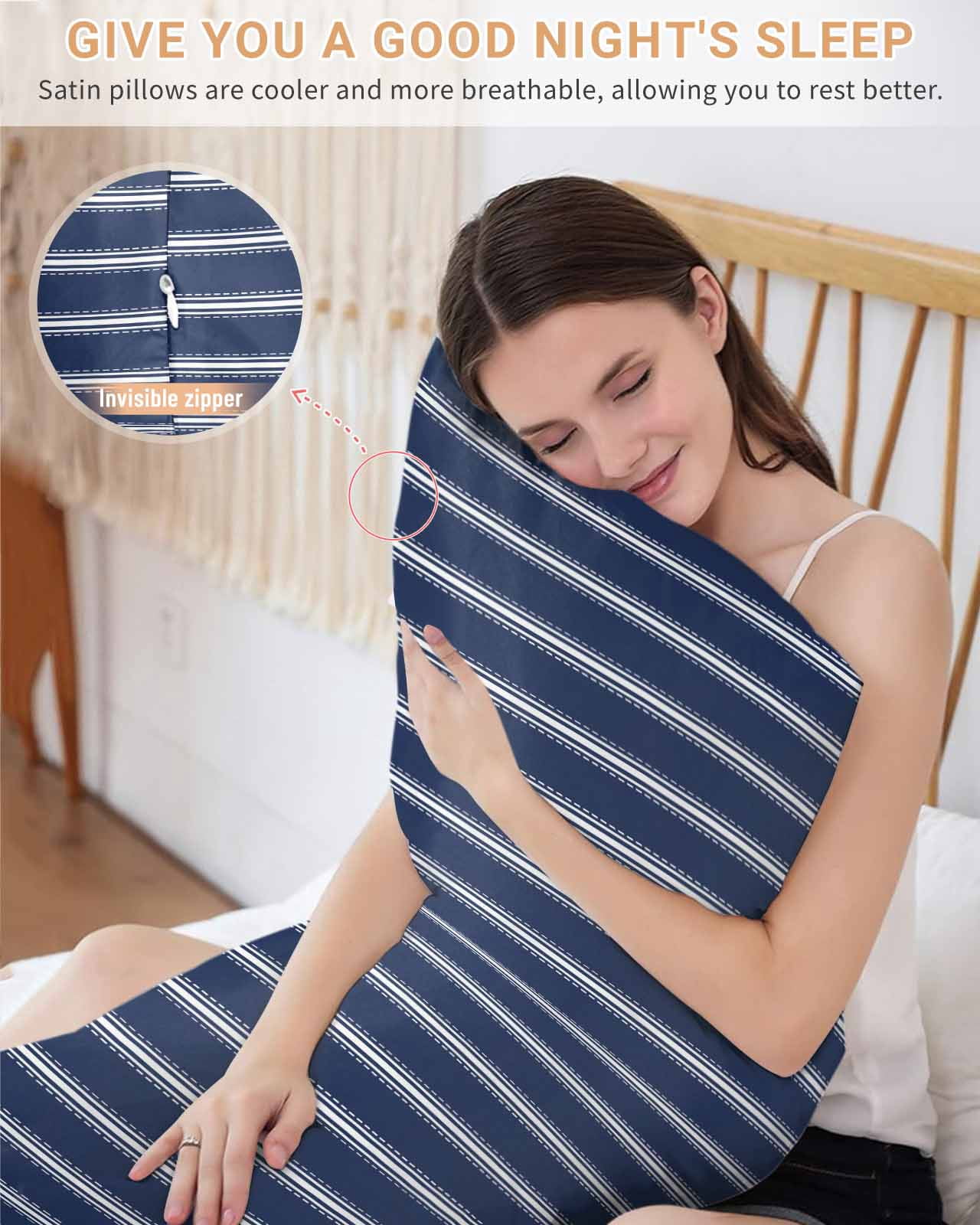Navy Blue Striped Pillow Cases Body Size, Smooth Satin Pillowcase for Hair and Skin, Navy Blue White Farmhouse Stripes Decorative Cooling Bed Pillow Covers with Zipper, 20x54 Inches