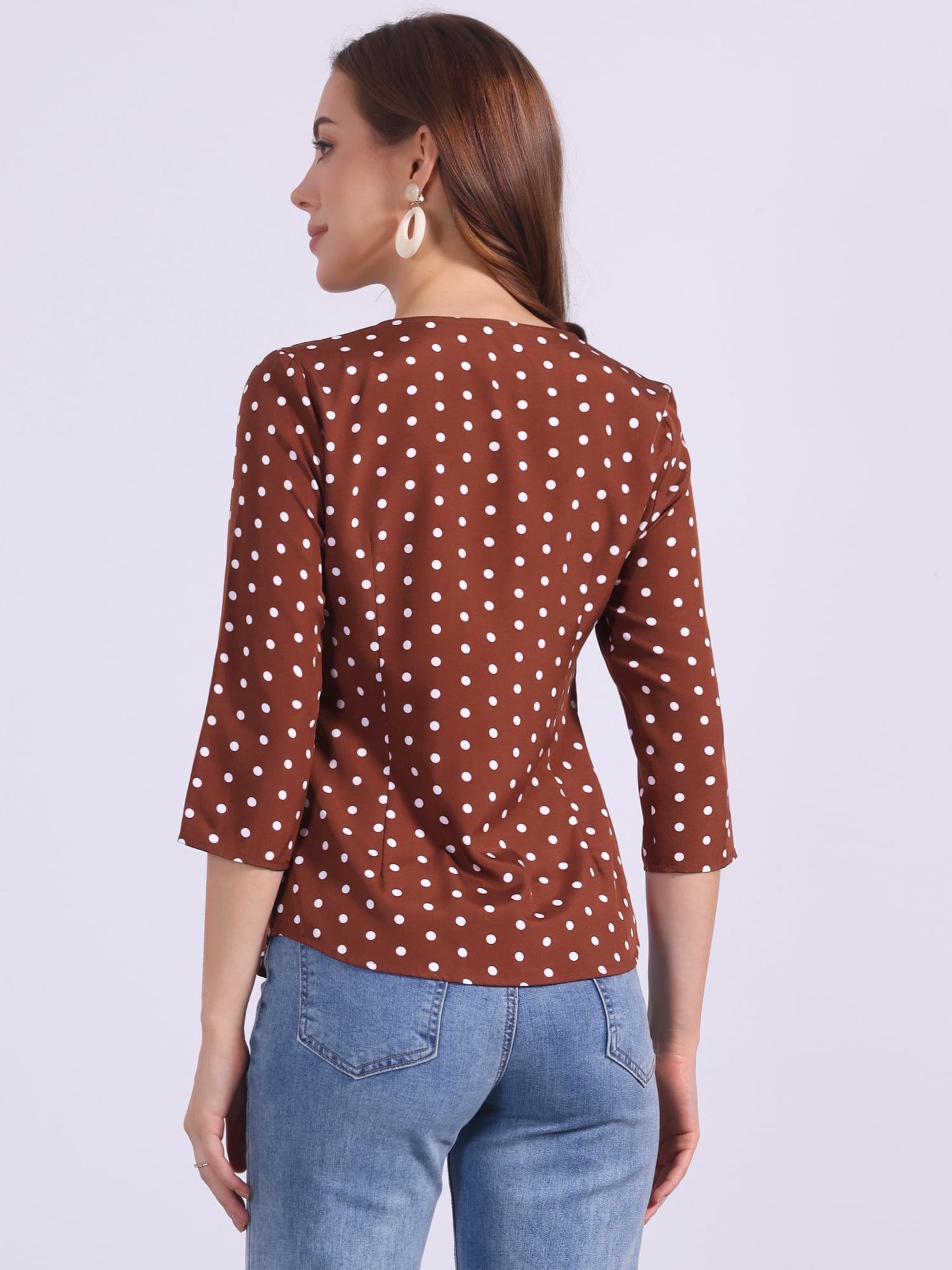 DARING DIVA Women's Polka Dots 3/4 Sleeve Button Front V Neck Blouse S Brown