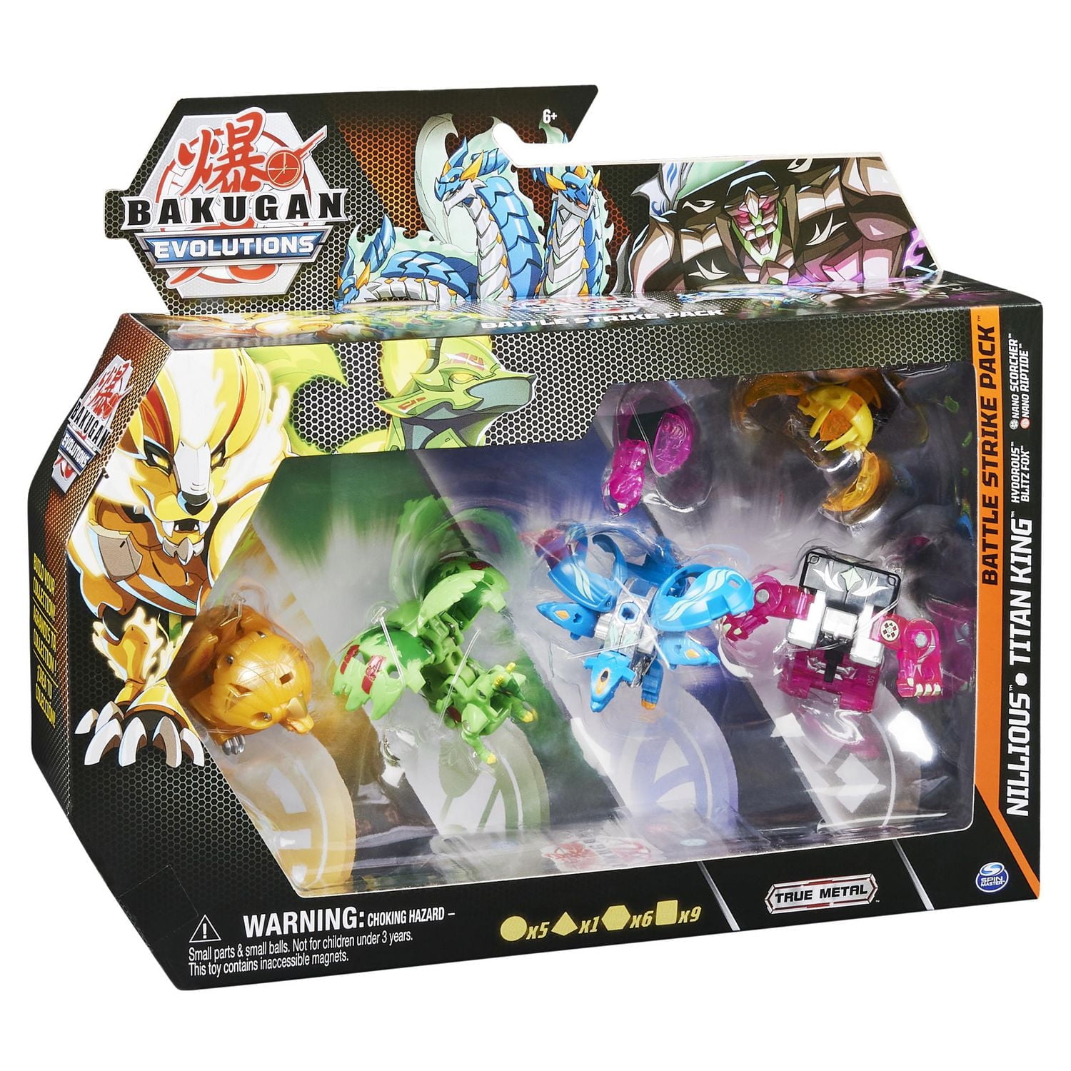 Bakugan Evolutions, Nillious and Titan King Battle Strike Pack, Includes 6 Bakugan Action Figures, 9 Trading Cards and 8 BakuCores, Kids Toys for Boys, Ages 6 and Up