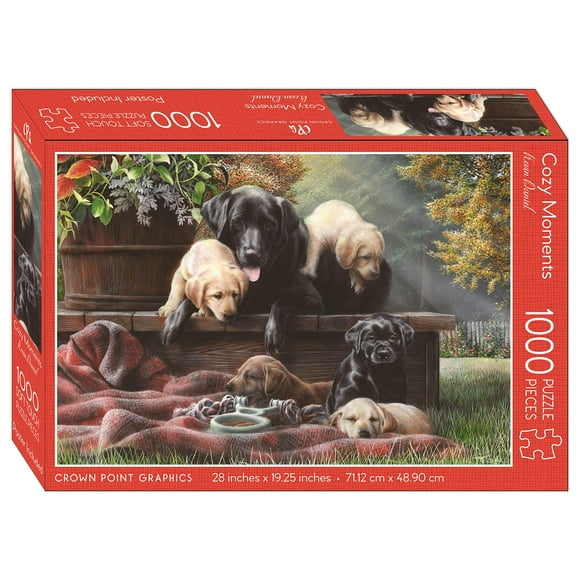 Crown Point Graphics Cozy Moments Black Labrador Dog Puzzle with Yellow, Black and Chocolate Lab Puppies - 1000 Piece Jigsaw Puzzle by Artist Kevin Daniel
