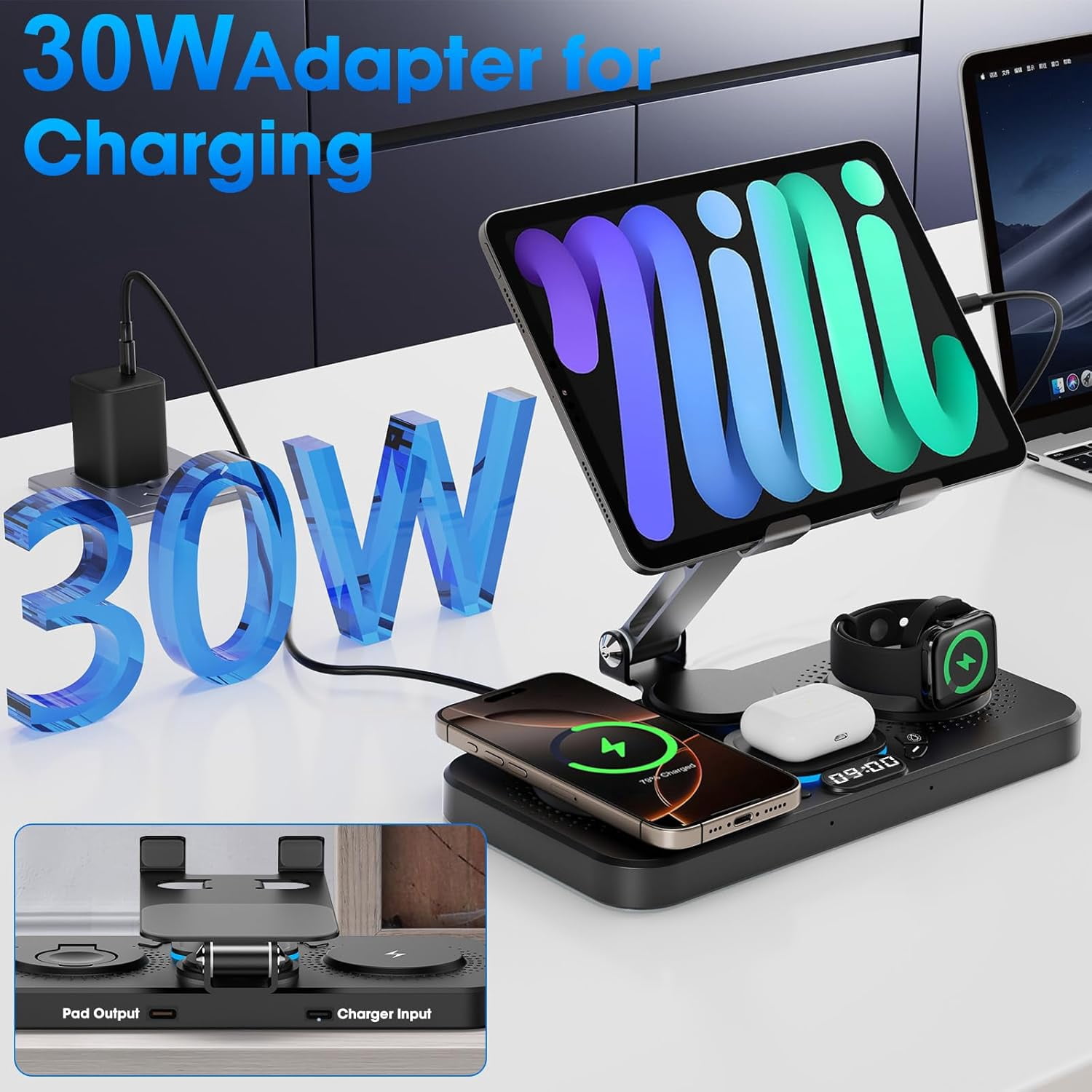 6 in 1 Wireless Charger for Apple Device, 30W Foldable Charging Station for ipad with Clock & 7 Color Ambient Light, Nightstand Wireless Charger for iPhone 16/15/14/iWatch Series/AirPods 4/3(Black)