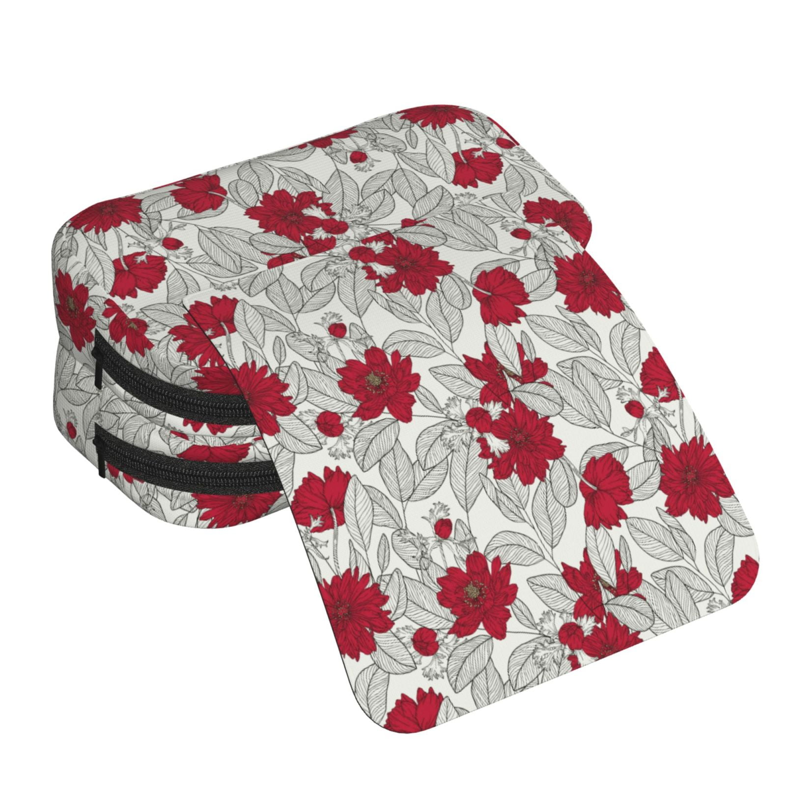 Rateoe Leaves And Anemone Flowers In Red Grey Pattern Double Clamshell Pen Case, Storage Organizer with Two Zipper Compartments– Holds Up to 50 Pencils & Pens
