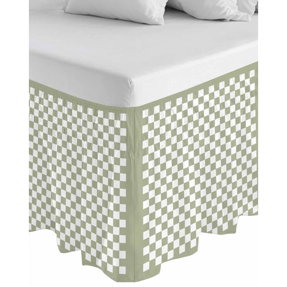 Sage Green Plaid Wrap Around Bed Skirts for King Bed 18" Drop,Bed Skirt with Adjustable Elastic Belt Dust Ruffle Bed Valance for Bedroom Hotel Farmhouse Green White Checkered Lace Bed Frame Cover