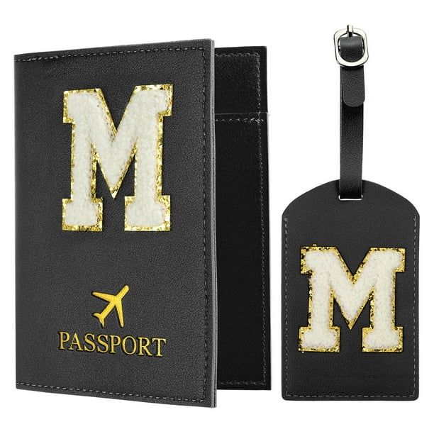 Portapasaporte Uxcell para Viajes, Funda de Pasaporte Inicial y Set de Etiqueta de Equipaje con Parche de Letra Chenille Negro M