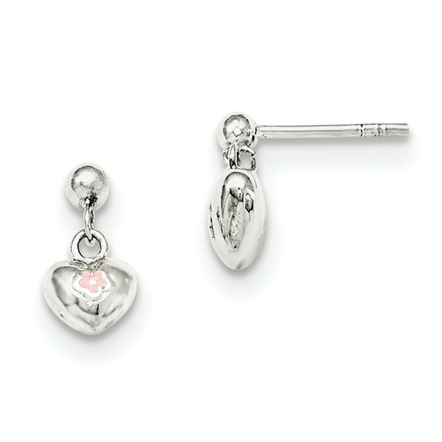 Argent Sterling Émail Rose Coeur d'Enfant Boucles d'Oreilles Dangle QE11319