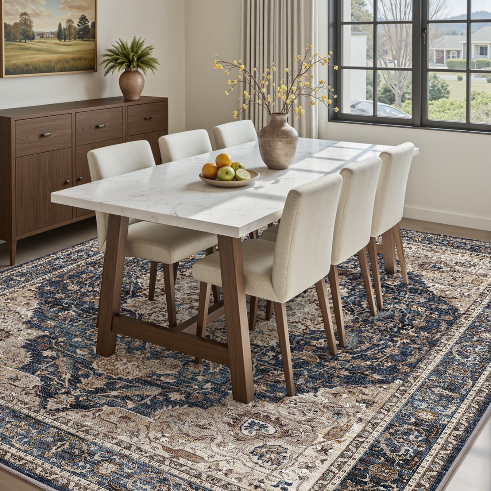 SIXHOME 8'x10' Area Rugs for Living Room Washable Vintage Medallion Rug Oriental Floral Distressed Carpet Ultra Soft Indoor Rugs for Bedroom Dining Room Retro Home Decor Navy Blue
