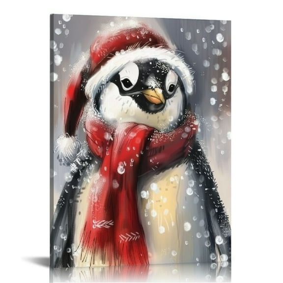 ONETECH Christmas Penguin Picture Print Christmas Canvas Wall Art Winter Scene Painting Poster for Living Room Bedroome Home Decoration 12x16 in