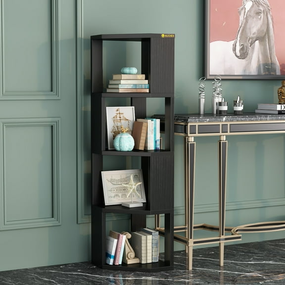 NEWSENDY Tall Corner Shelf Bookcase Bookshelf, Wooden 4-Tier Book Shelves Display Cabinet,Tall Corner Storage Display Stand Shelf for Living Room,Bedroom,Bathroom