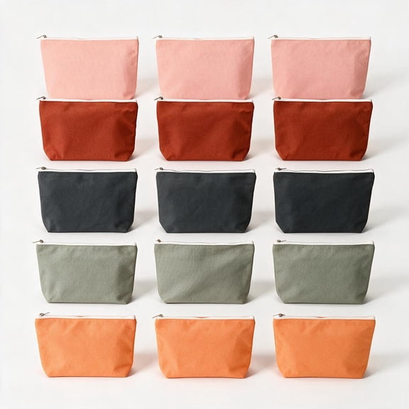 Canvas Makeup Bag for Women, 15 Pack Solid Color Cosmetic Pouch with Zipper, Travel Toiletry Bag