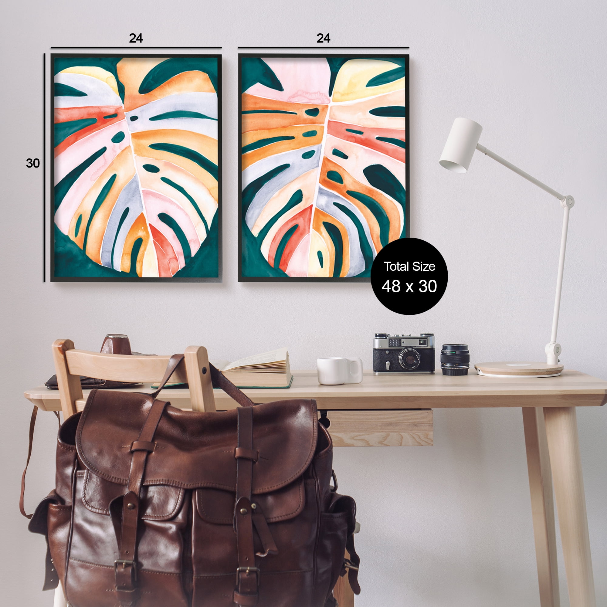 Stupell Industries Tropical Monstera Leaves Botanical & Floral Painting Black Framed Art Print Wall Art, 24 x 30, Set of 2