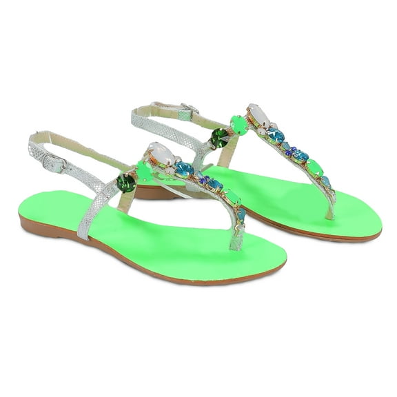 Ventutto Rio Bright Green Silver Crystal Cluster T-Strap Sandal-8 for Womens