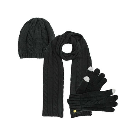 Off White Winter Beanie - Cable Knit 3 Piece Beanie Hat Texting Gloves & Matching Scarf Set