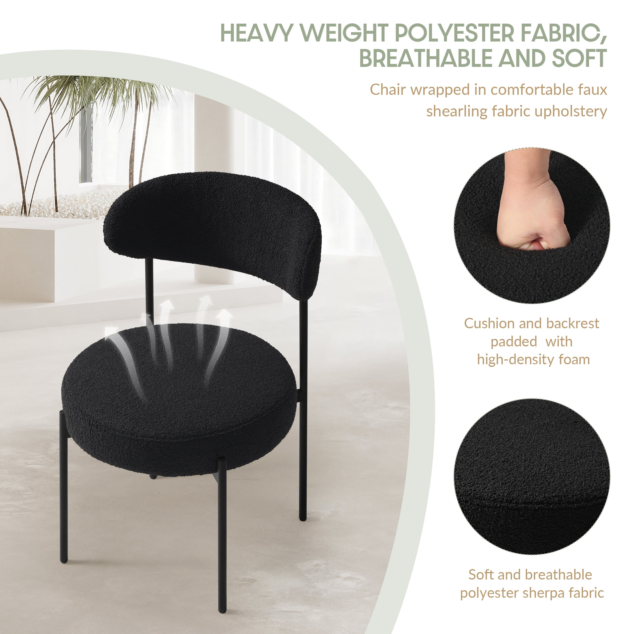 WestinTrends Alexandria Mid-Century Modern Upholstered Sherpa Round Dining Chairs (Set of 2), Black