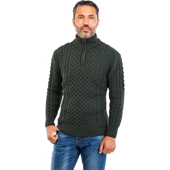 Irish Men's Aran Merino Wool Sweater 1/2 Zipper Jumper by Original Aran Company