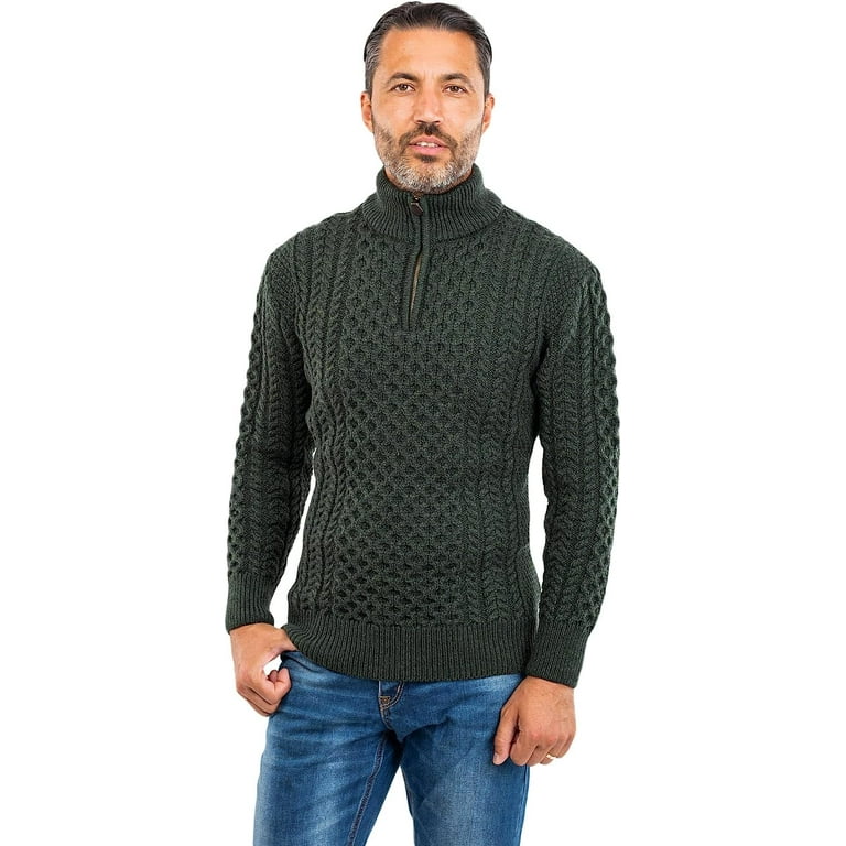 Irish Men s Aran Merino Wool Sweater 1 2 Zipper Jumper by Original Aran Company