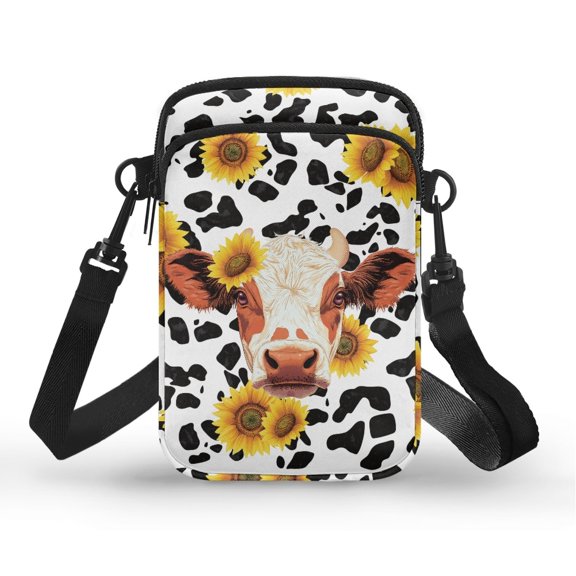 HELLHERO Cow Sunflower Pattern Cross Body Purse with Zipper Women for Daily Use 4.33"x1.97"x7.09"