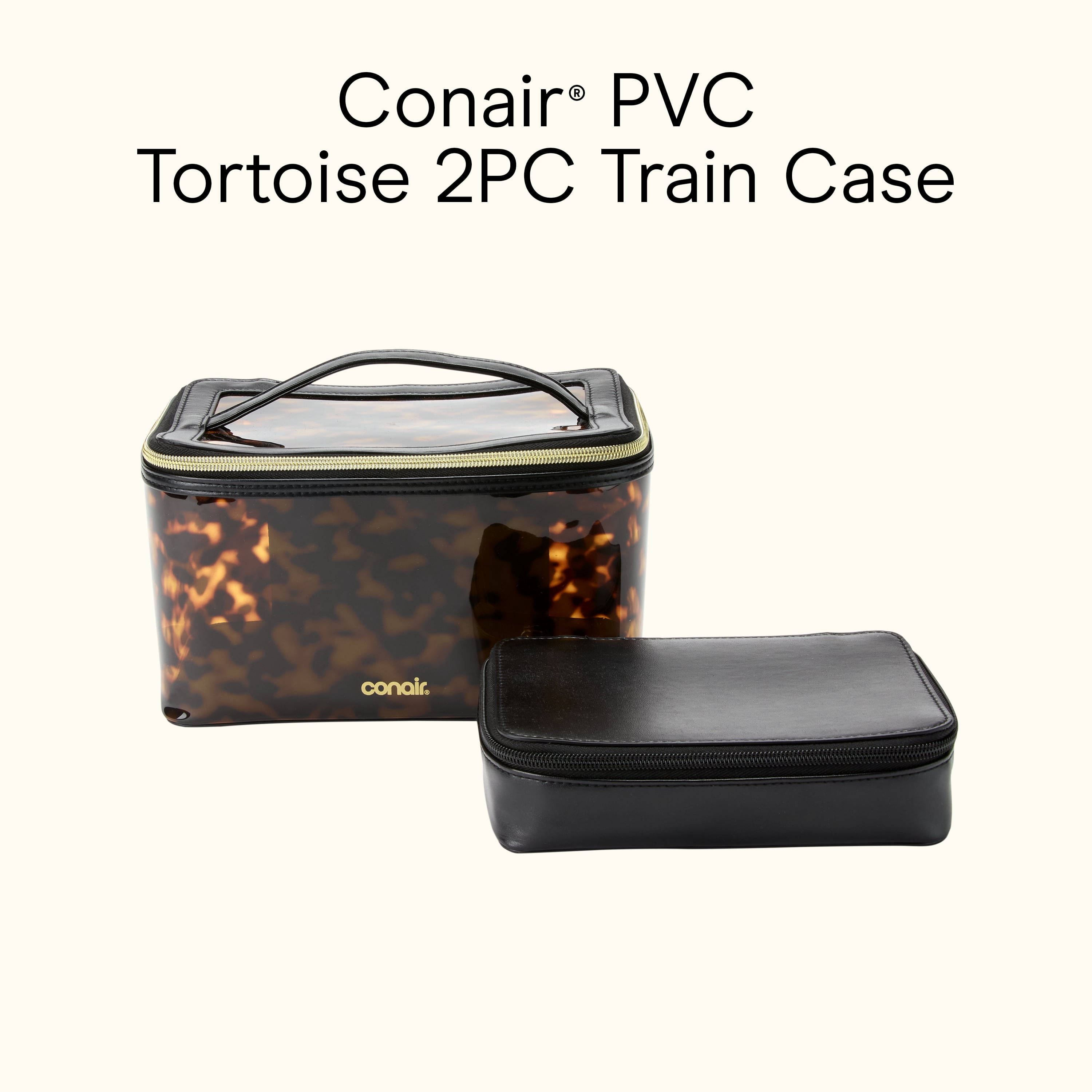 Conair Tortoise Train Case, Travel Makeup Bag with Faux Leather Pouch, 2-Piece Set
