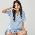 thumbnail image 6 of Women's Short Sleeve Satin Pajama Set with Button Down Top Elastic Waist Shorts and Lace Trim Detail - Large, Light Blue, 6 of 7