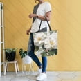 thumbnail image 6 of Open Top Canvas Tote Bag with Zipper Reusable Shopping Bag 13.5x15" Roomy Carryall Vintage White Camellias, 6 of 9