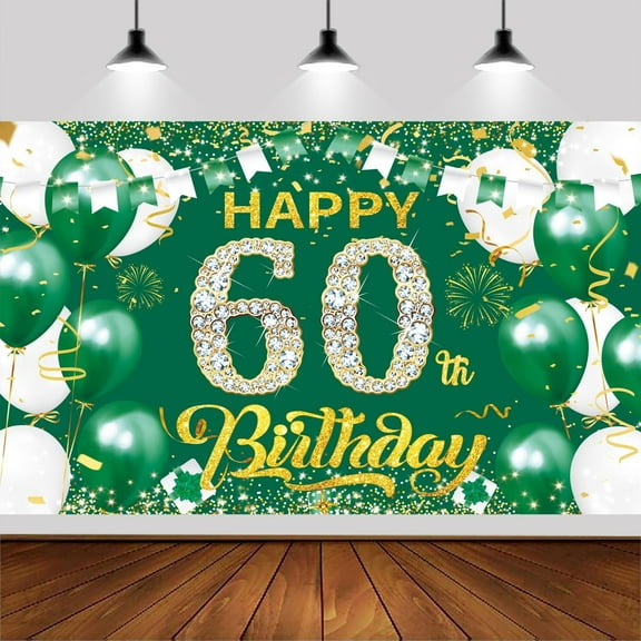 Green Gold 60th Happy Birthday Backdrop,Green Gold Happy Birthday Photography Background Banner for Birthday Party Backdrop