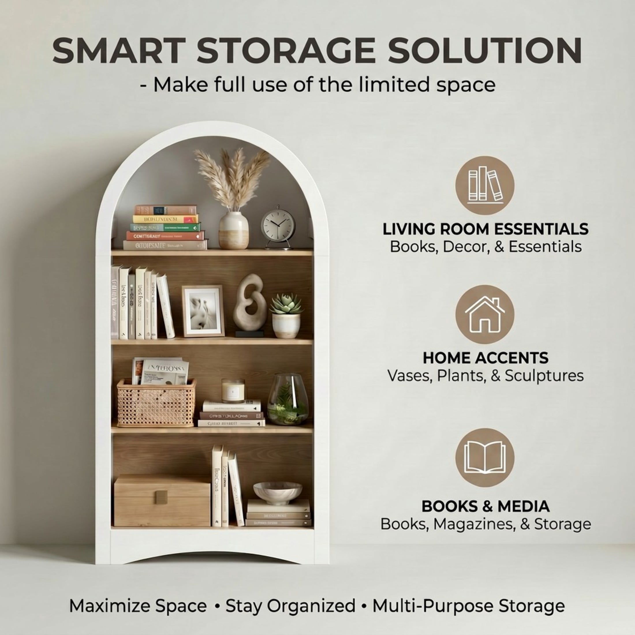 Noble House Eliver Freestanding Arched Storage Bookcase & Display Rack, Accent Space-Saving 4-Tier Open Shelf, White