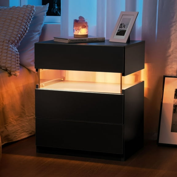 LED Bedside Tables Bedside Cabinet with LED Light Modern Bedside Cabinet with 2 Drawers for Bedroom, Living Room